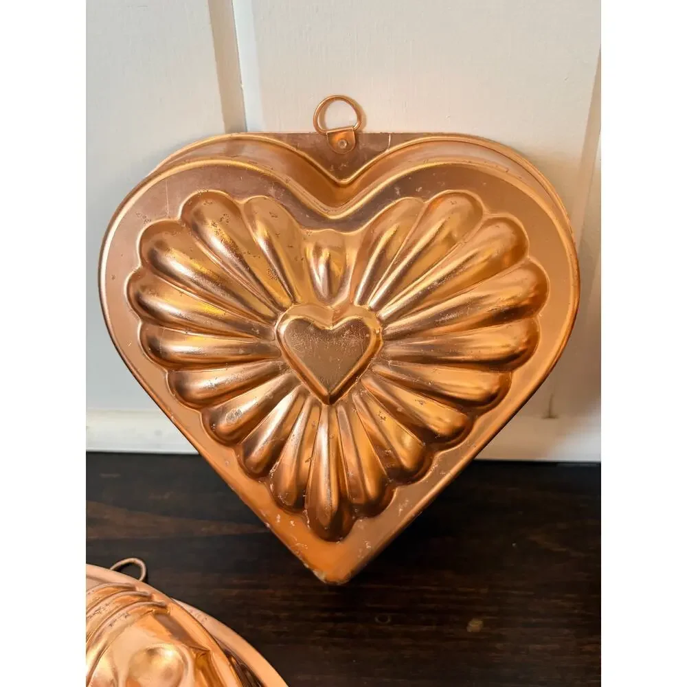 Vtg Copper Tone Jello Molds Set of 5 Heart-Bundt-Melon Cottagecore Grandma Core